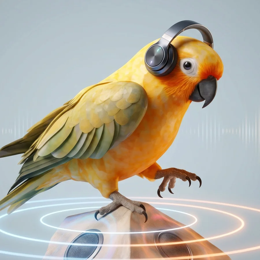 Randolt, the sun conure, wearing headphones amid glowing sound waves